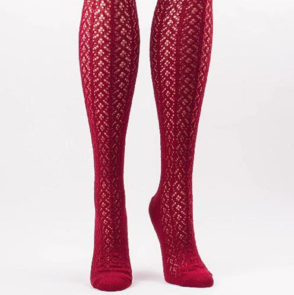 Tabbisocks above the knee crochet socks in maroon.